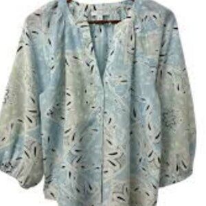 Ann Taylor Weekend Paisley Blouse Large Blue Boho Button Front Top